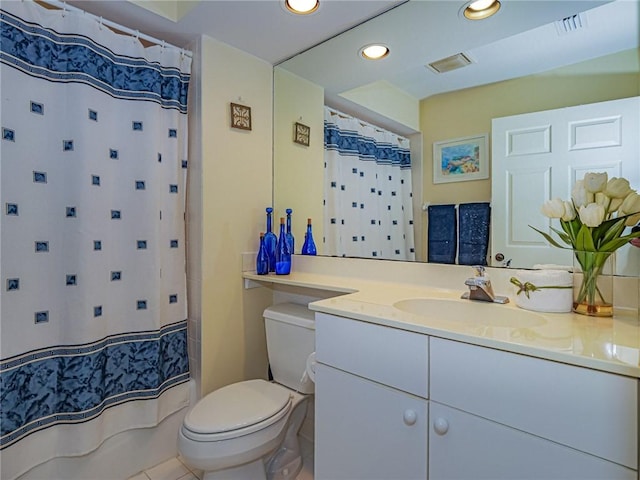 bathroom featuring toilet, tile patterned flooring, a shower with curtain, and vanity