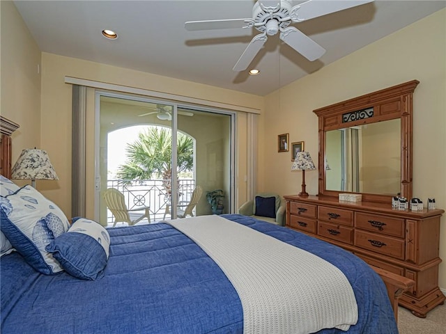 bedroom featuring ceiling fan, access to exterior, and carpet