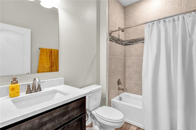 full bathroom with shower / bath combo with shower curtain, toilet, and vanity