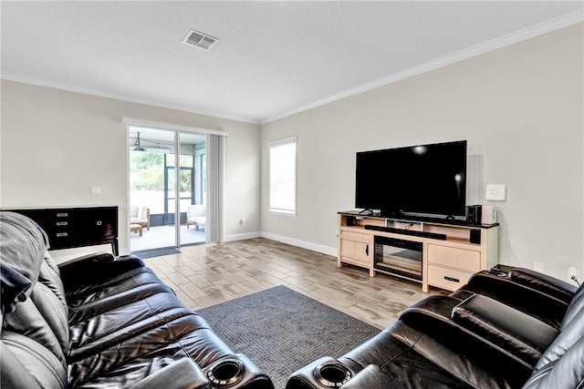 living room featuring a textured ceiling and crown molding