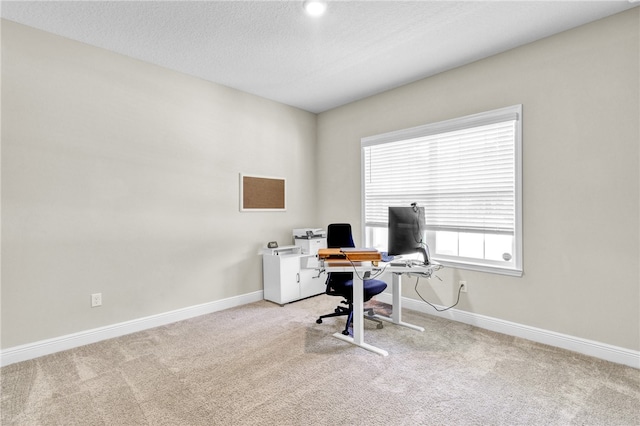 carpeted home office with a textured ceiling