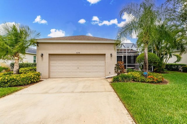 view of front of home with a front lawn, stucco siding, glass enclosure, a garage, and driveway