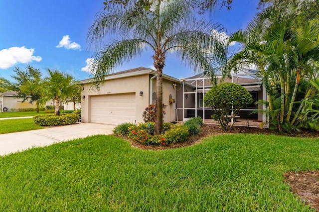 view of front of home with stucco siding, glass enclosure, concrete driveway, an attached garage, and a front yard