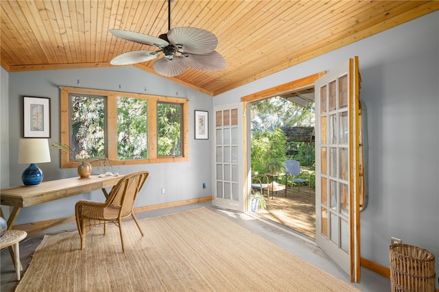 carpeted office with french doors, lofted ceiling, ceiling fan, and wooden ceiling