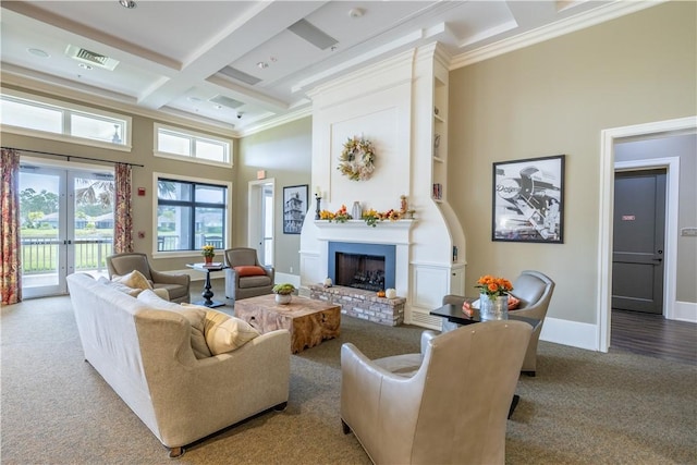 5964 Long Leaf Ln, Vero Beach, FL 32966 - living room featuring carpet floors, a fireplace, coffered ceiling, a towering ceiling, and beam ceiling