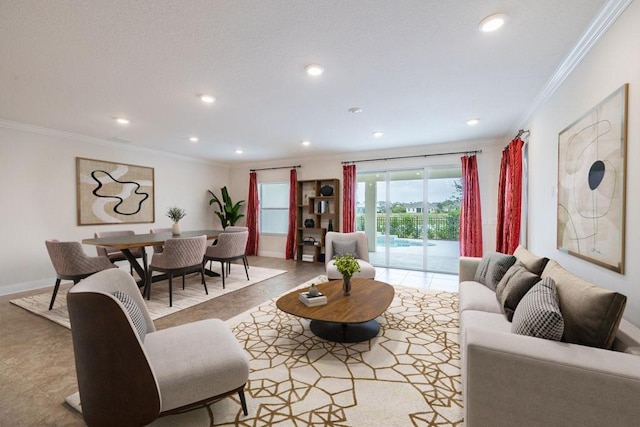 living room with ornamental molding