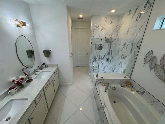 full bathroom featuring a bath, double vanity, a sink, and a marble finish shower