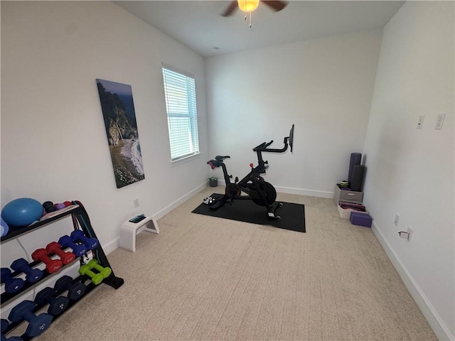 exercise area featuring carpet, ceiling fan, and baseboards