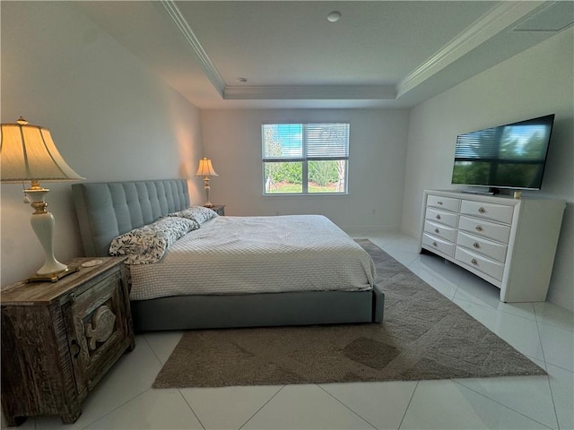 bedroom featuring tile patterned flooring, a raised ceiling, and crown molding