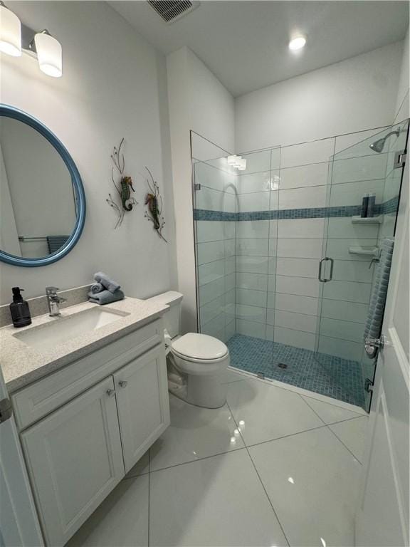 full bath featuring visible vents, toilet, a shower stall, and vanity