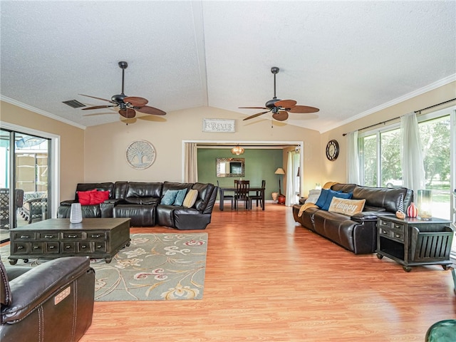 living room featuring ornamental molding, light hardwood / wood-style floors, and lofted ceiling