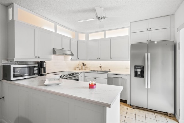 kitchen with stainless steel appliances, white cabinetry, sink, kitchen peninsula, and ceiling fan