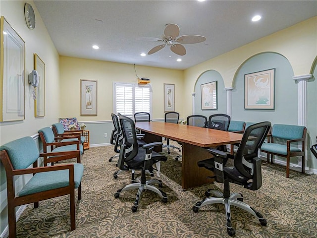 home office featuring baseboards, carpet flooring, and recessed lighting