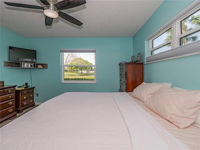 bedroom with a textured ceiling, ceiling fan, and multiple windows