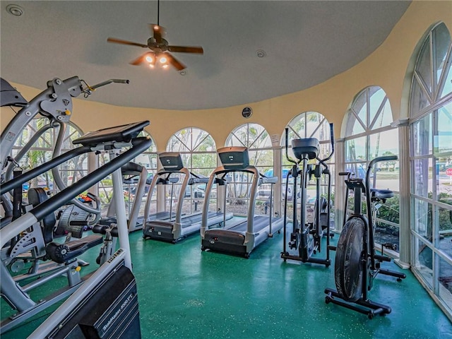 gym featuring ceiling fan