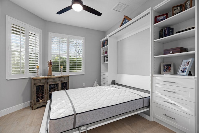 bedroom featuring ceiling fan and light hardwood / wood-style flooring