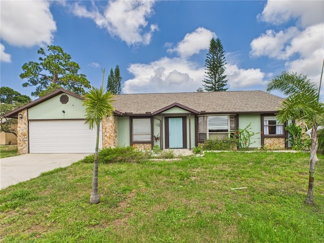 108 Cardinal Dr, Sebastian, FL 32958 - ranch-style home with stone siding, a garage, driveway, and a front lawn