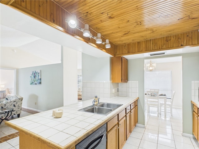 108 Cardinal Dr, Sebastian, FL 32958 - kitchen featuring dishwasher, wooden ceiling, light tile patterned flooring, tile countertops, and tasteful backsplash