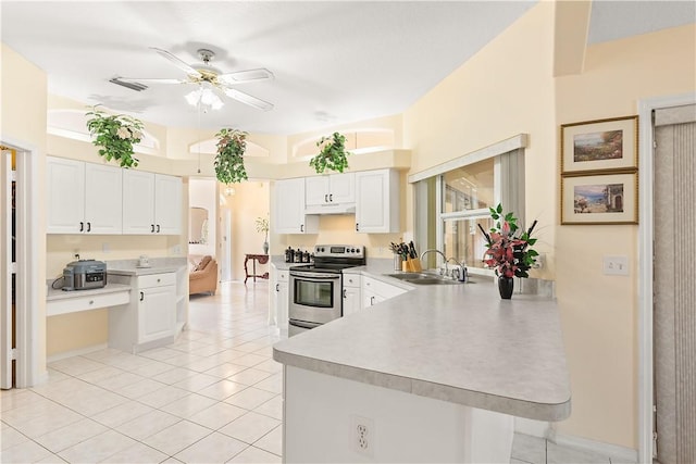 1359 Damask Ln, Sebastian, FL 32958 - kitchen with stainless steel range with electric stovetop, a sink, a peninsula, ceiling fan, and white cabinets