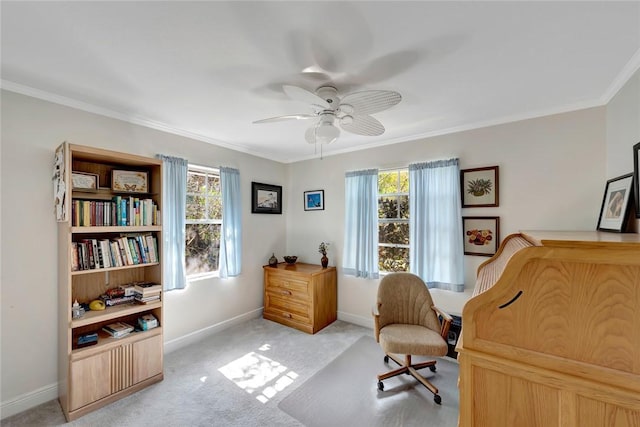 office with ornamental molding, light carpet, and ceiling fan