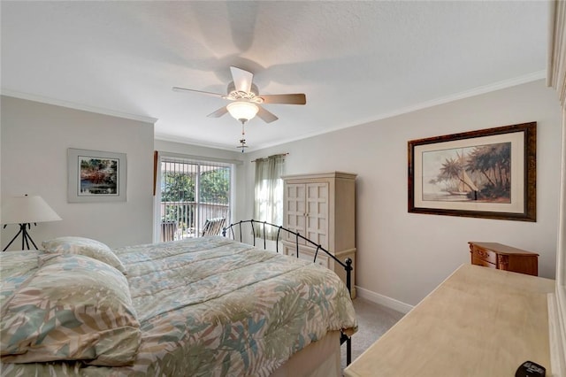 bedroom featuring ceiling fan, ornamental molding, access to exterior, and light carpet