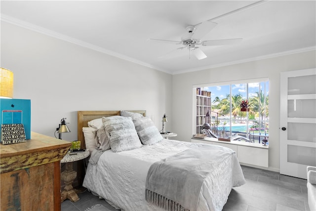 bedroom with ceiling fan, tile patterned flooring, and crown molding