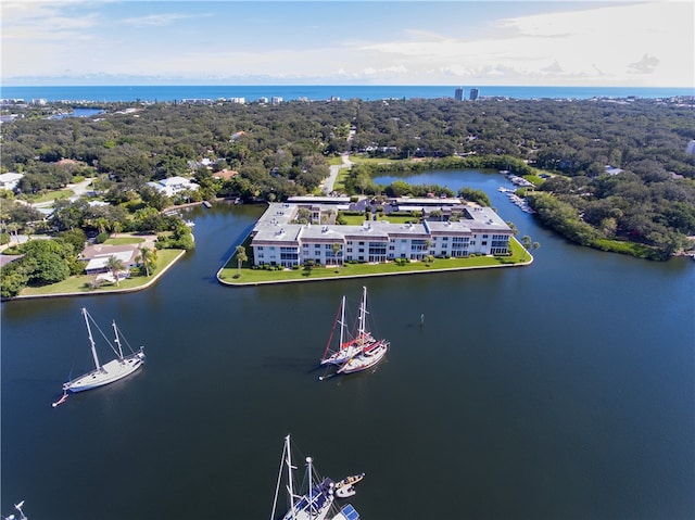 drone / aerial view featuring a water view