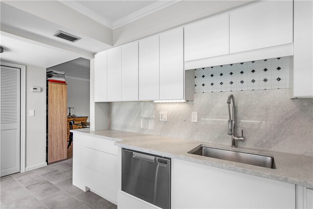 kitchen featuring white cabinetry, sink, stainless steel dishwasher, crown molding, and decorative backsplash