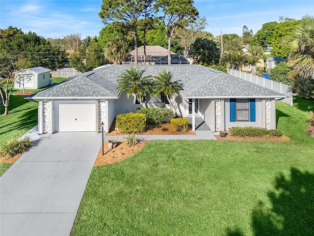 ranch-style home with a garage, a shingled roof, a front lawn, and concrete driveway