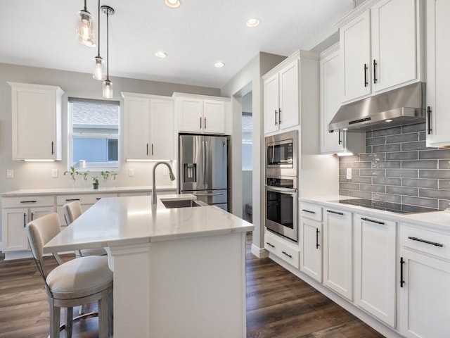 kitchen with a sink, white cabinetry, appliances with stainless steel finishes, dark wood-style floors, and under cabinet range hood