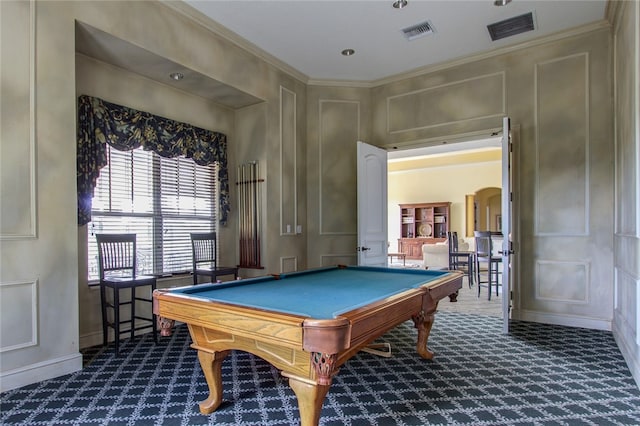 rec room with crown molding, dark carpet, and pool table