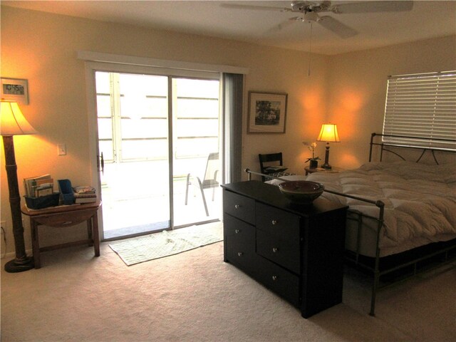 bedroom with light carpet, access to outside, and ceiling fan