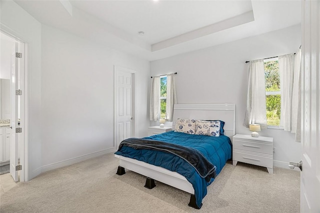 carpeted bedroom featuring a raised ceiling and ensuite bathroom