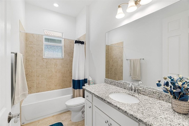 full bathroom with vanity, tile patterned flooring, toilet, and shower / bathtub combination with curtain