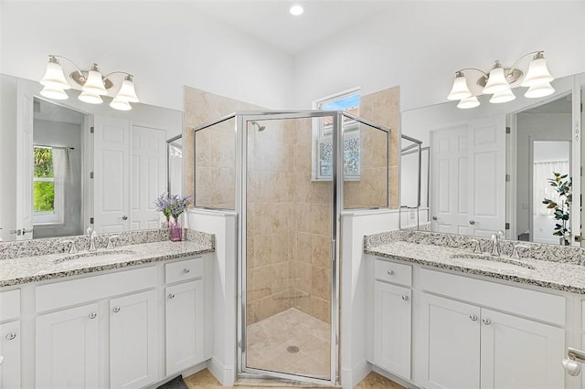 bathroom featuring walk in shower, plenty of natural light, and vanity