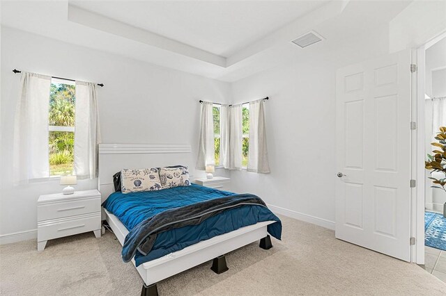 bedroom with light colored carpet and a tray ceiling