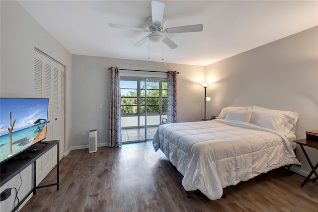 bedroom featuring ceiling fan, access to exterior, a closet, and dark hardwood / wood-style flooring