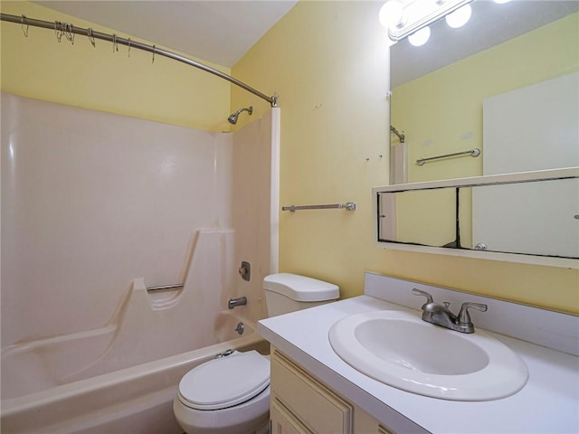 full bath with toilet,  shower combination, and vanity