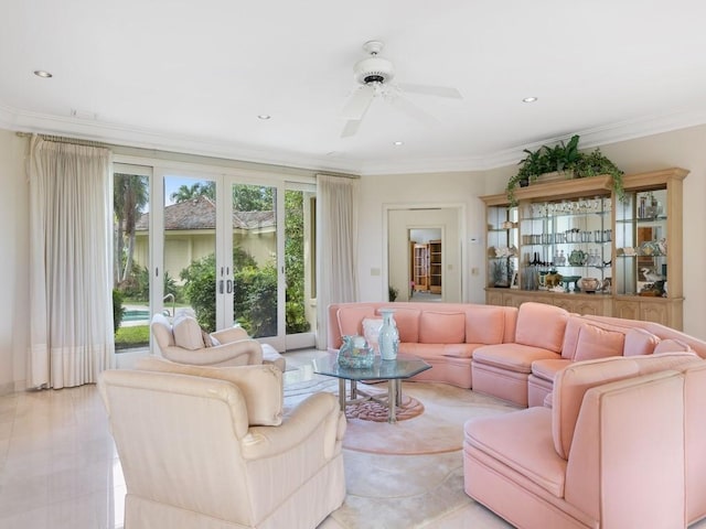186 Ocean Way, Vero Beach, FL 32963 - living room with ornamental molding, french doors, ceiling fan, and recessed lighting