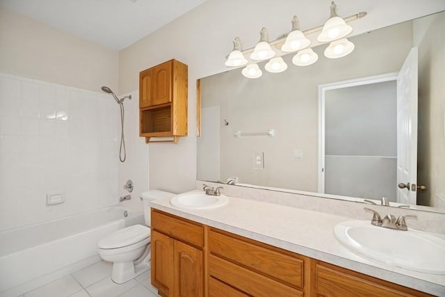 full bath featuring double vanity, shower / bathtub combination, and tile patterned flooring