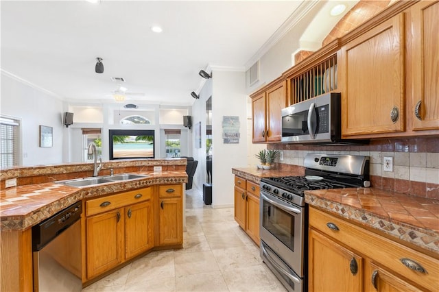 kitchen with sink, ceiling fan, ornamental molding, tasteful backsplash, and stainless steel appliances