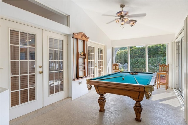 recreation room with ceiling fan, french doors, lofted ceiling, and pool table