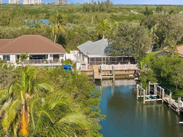 aerial view featuring a water view