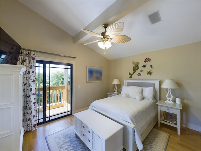 bedroom with vaulted ceiling with beams, access to outside, ceiling fan, and light hardwood / wood-style flooring