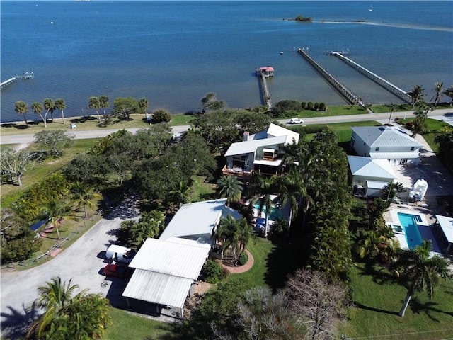 aerial view featuring a water view