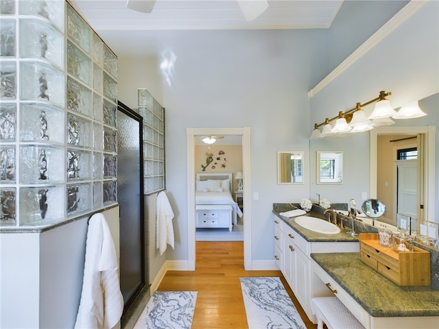 bathroom featuring vanity, hardwood / wood-style floors, and a towering ceiling