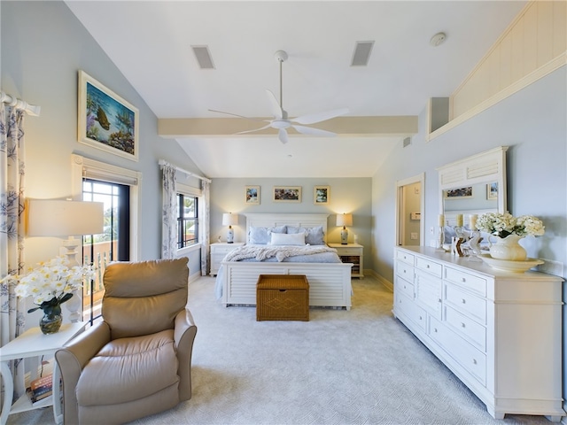 bedroom featuring ceiling fan, high vaulted ceiling, light colored carpet, and beamed ceiling