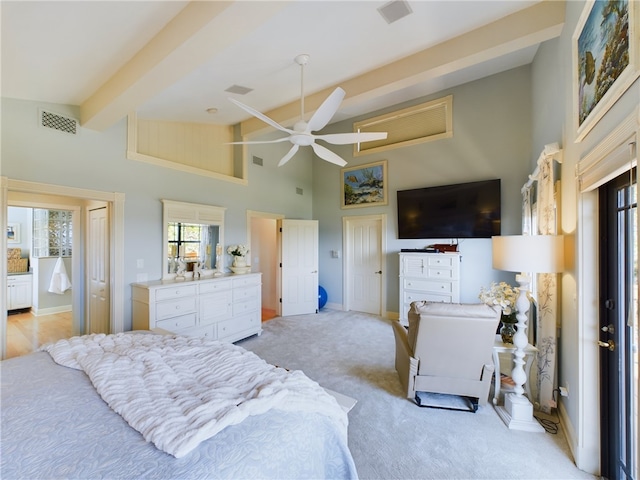 bedroom with ceiling fan, high vaulted ceiling, light carpet, and beam ceiling