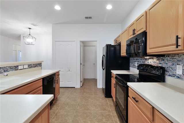 kitchen with a notable chandelier, decorative light fixtures, decorative backsplash, light tile patterned flooring, and black appliances