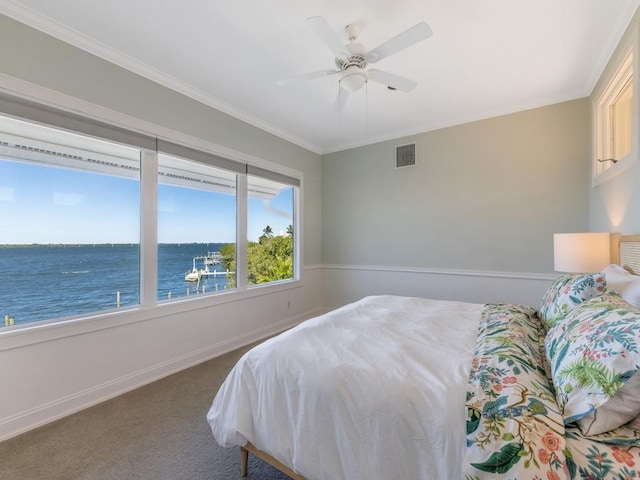 235 Osprey Ct, Vero Beach, FL 32963 - bedroom with a water view, carpet flooring, crown molding, and ceiling fan
